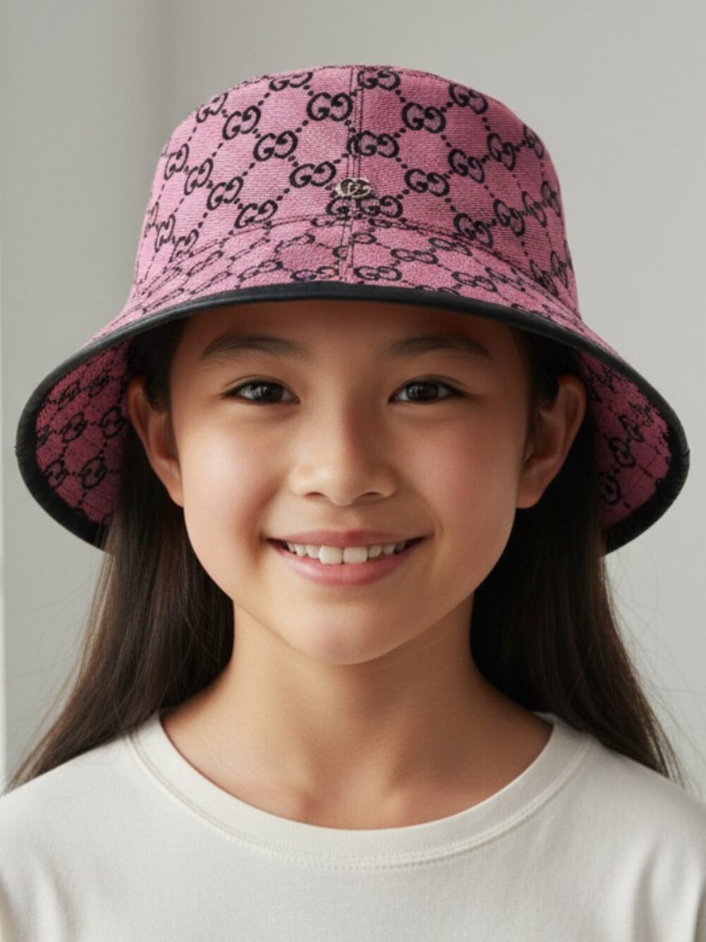GUCCI Pink & Black GG Monogram Canvas Bucket Hat, Size S (56cm)